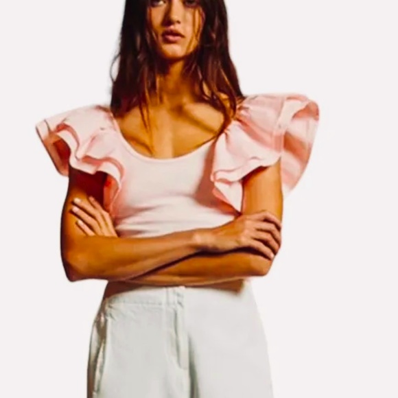 Pink Ribbed Knit Top with Ruffle Sleeves - Picture 3 of 8